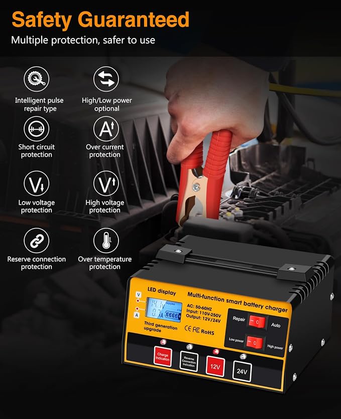 Outerman Car Battery Charger, 12V-12A/24V-8.5AMH Smart Automatic Battery Charger - Image 4
