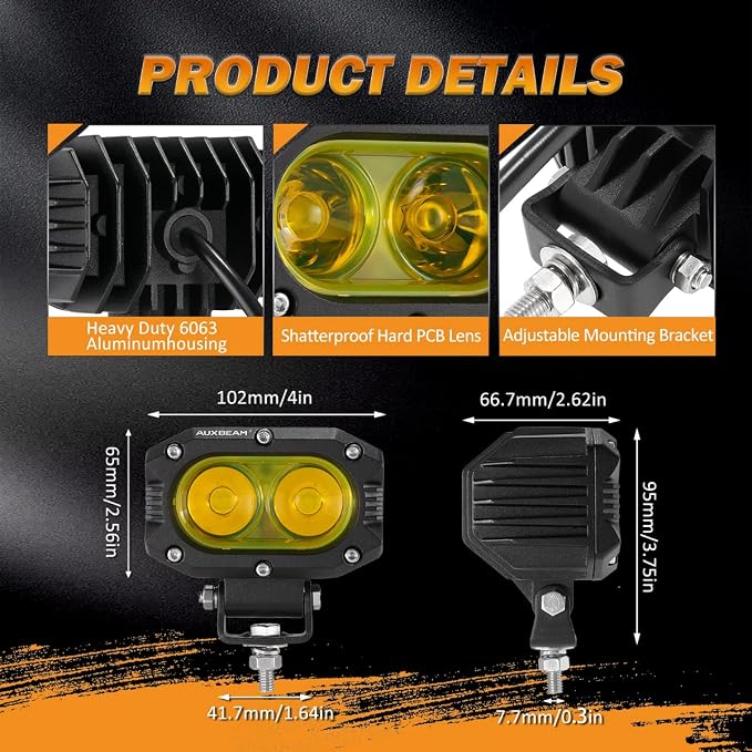 Auxbeam 4 Inch LED Amber Pod Light, 5050 Driving Light 60W Yellow Flood Beam - Image 7
