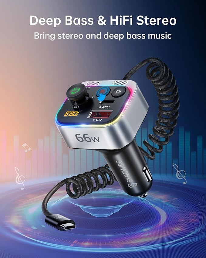 Syncwire Bluetooth 5.4 FM Transmitter Car Adapter 66W PD & QC 3.0 Fast Charging - Image 5