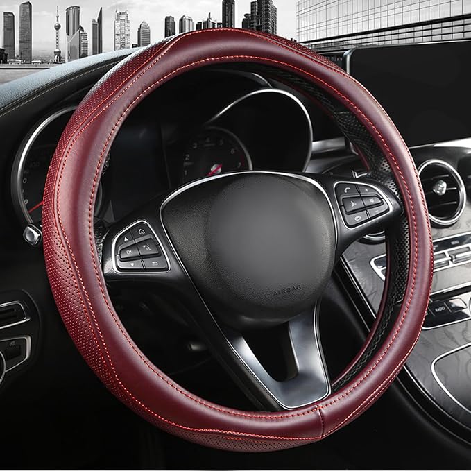 High-Grade Wine Red Genuine Leather Steering Wheel Cover by PJBTVZ