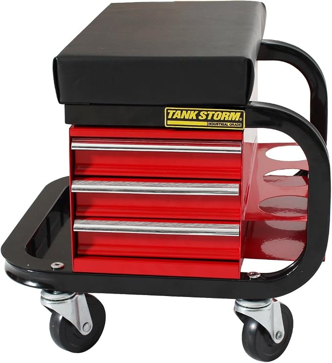 Tool Box Built-in Creeper Seat, Garage Shop Roller Seat, 3 Drawers Heavy Duty - Image 4