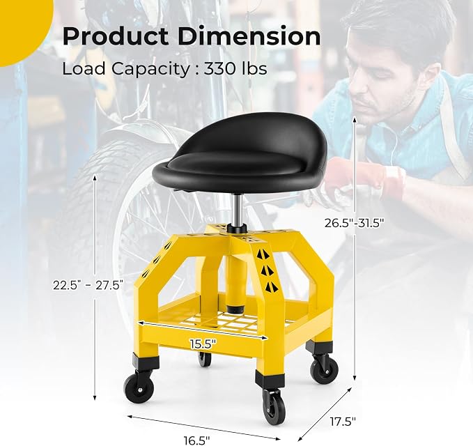 S AFSTAR Shop Stool with Wheels, Height Adjustable Garage Stool with 4 - Image 3