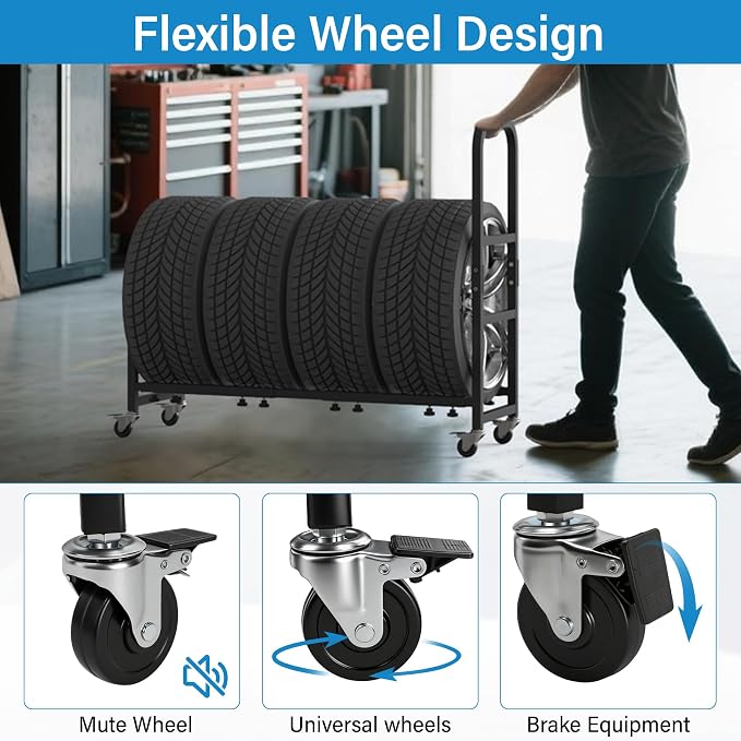 Rolling Tire Rack 43.5" x 13" x 37.4", 2 in 1 Metal Garage Tire Storage Rack - Image 3
