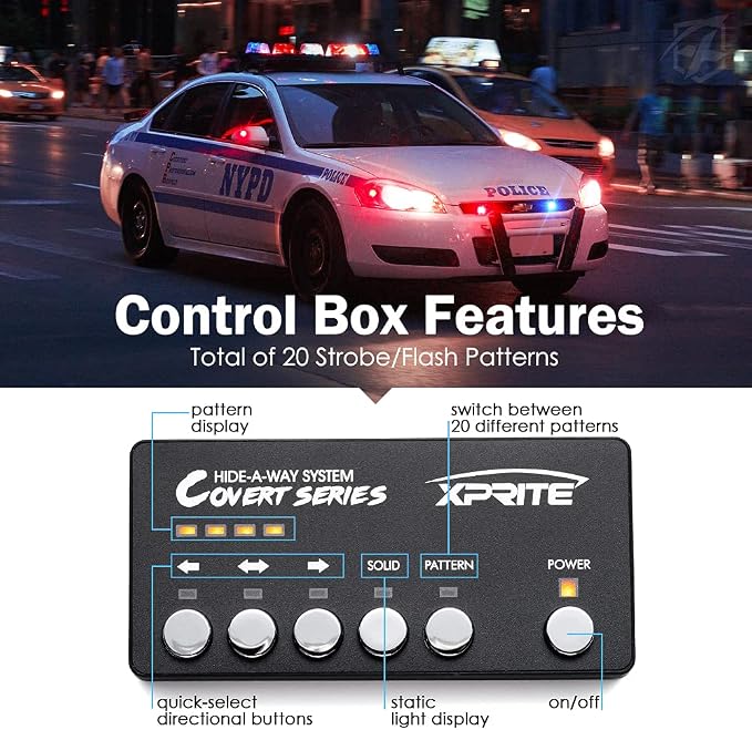 Xprite Red Blue LED Hideaway Strobe Police Lights Kit, 20 Flashing Patterns - Image 4