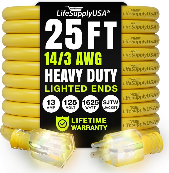 25ft Outdoor/Indoor Extension Cord 14/3 Gauge Heavy Duty 3 Prong SJTW, by LifeSupplyUSA