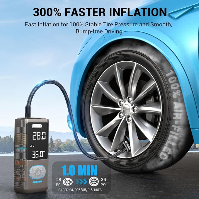 AVAPOW AP18 Tire Inflator Portable Air Compressor, 300% Faster 150 PSI Cordless - Image 2