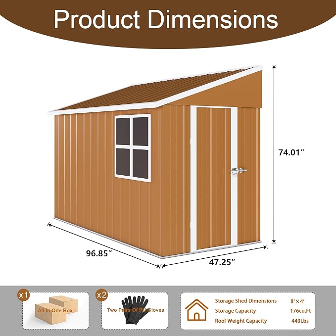 8 x 4 FT Outdoor Lean to Storage Shed, Metal Garden Tool Shed - Image 8