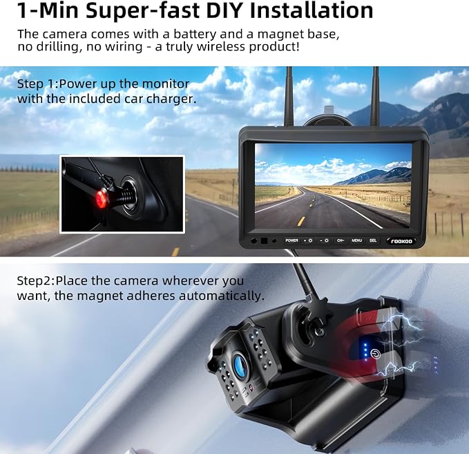 Fookoo HD Magnetic Wireless Backup Camera, 1080P 7" Dual Split Monitor & - Image 6