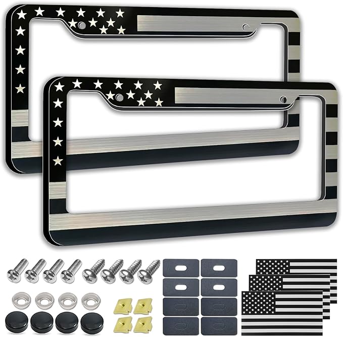 American Flag License Plate Frame- Black Front Rear Patriotic USA ‌Car Tag by NJNYLLC