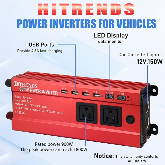 HITRENDS 900W Car Power Inverter 12V to 110V, DC to AC Converter - Image 2