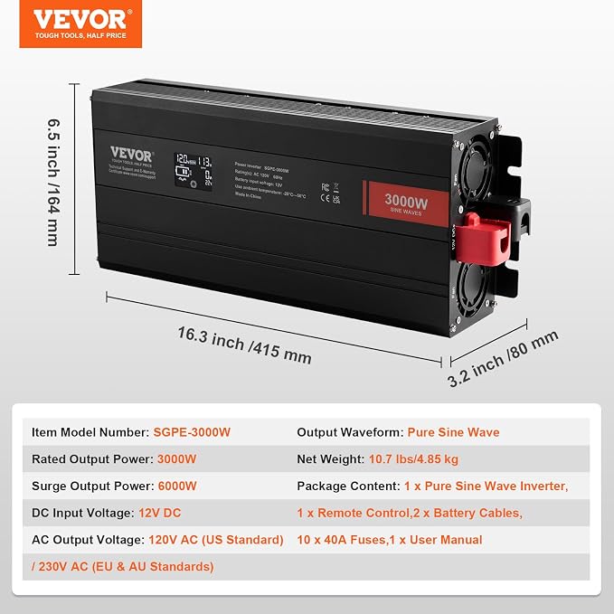 VEVOR Pure Sine Wave Inverter, 3000 Watt, DC 12V to AC 120V Power Inverter - Image 7