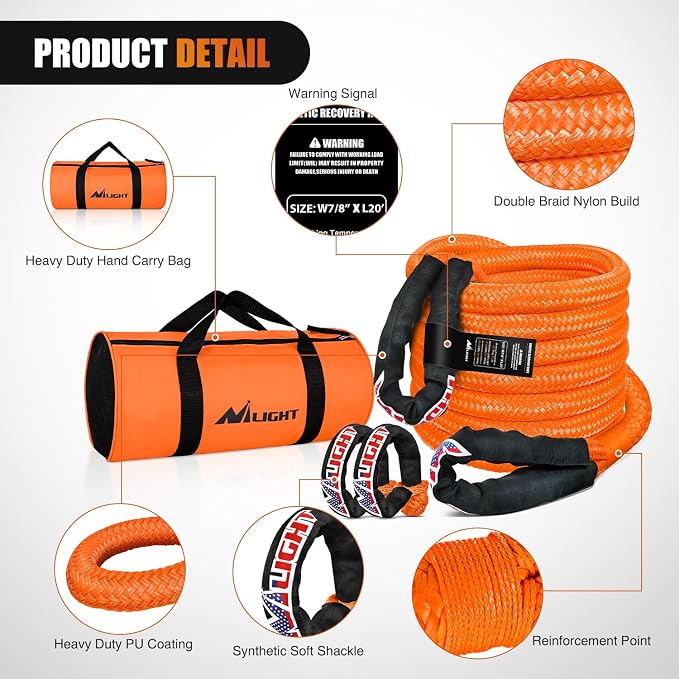 Nilight Kinetic Recovery Tow Rope 7/8" x 20ft - Image 4
