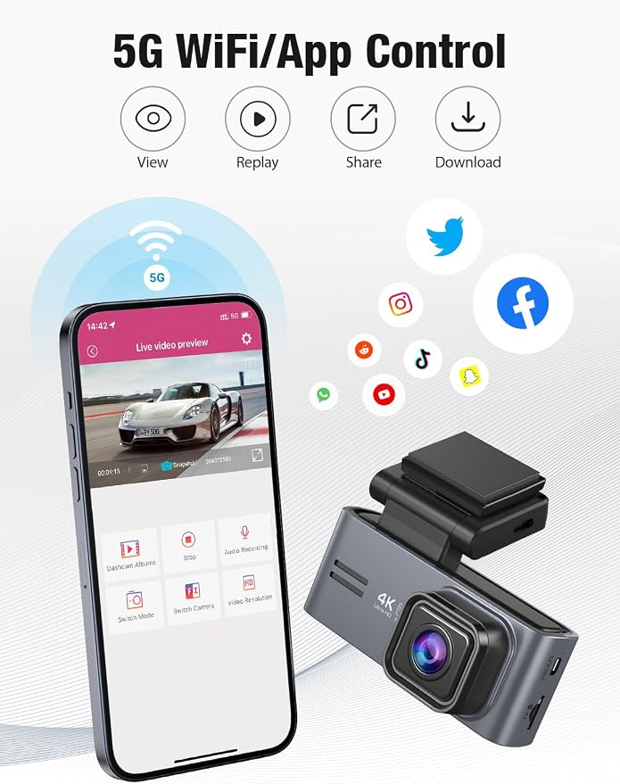 OMBAR Dash Cam Front and Rear 5G WiFi, Dash Cam 4K/2K/1080P+1080P, Dash Camera - Image 4