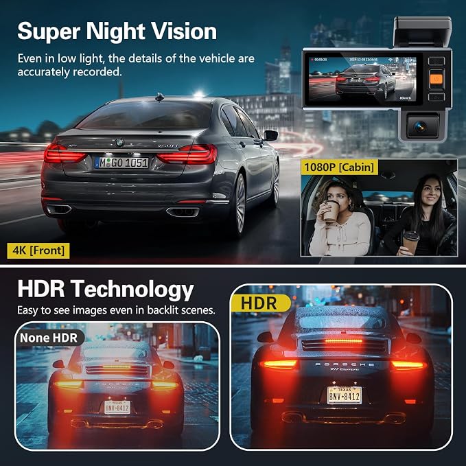 4K Dash Cam Front and Rear and Inside, UHD 2160P Night Vision 3 Channel Dash - Image 2