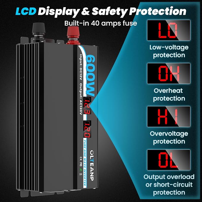 600W Power Inverter Pure Sine Wave Inverter 12V DC to 120V AC Converter - Image 3