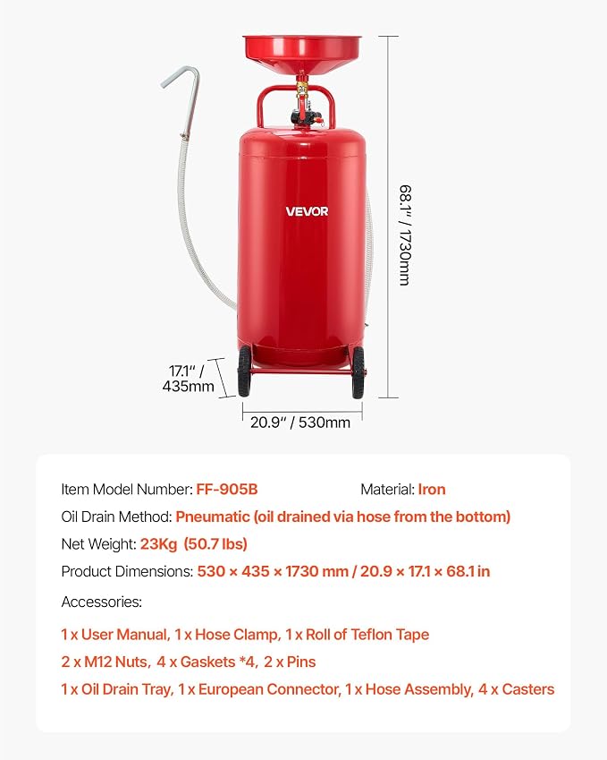 VEVOR 25 Gallon Waste Oil Drain Tank, Air Operated Portable Oil Drainer - Image 7