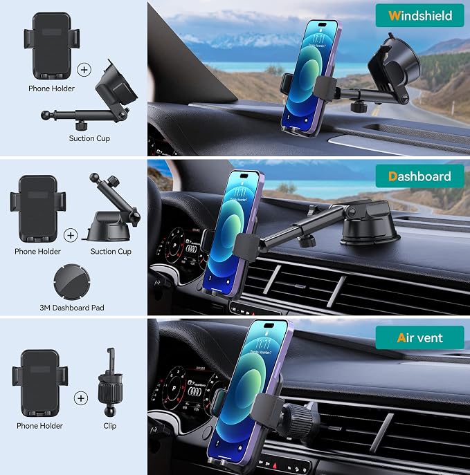 Car Phone Holder Mount, 3 in 1 Universal Phone Mount - Image 4