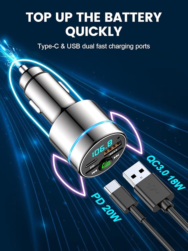 FM Transmitter for Bluetooth 5.3, PD 30W & QC3.0 18W Fast Car Charger, Wireless - Image 3