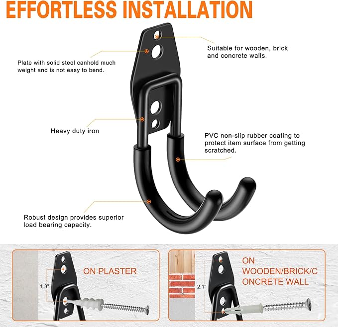 Heavy Duty Garage Hooks 6 Pack, J Shaped Hanger, Wall Mounted Storage System - Image 3