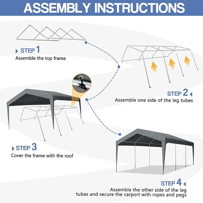 VINGLI 12x20 Carport Canopy Portable Garage, Car Canopy Heavy Duty Car Tent - Image 4