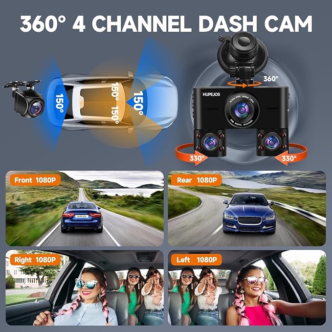 360° Dash Cam Front and Rear Inside, 4 Channel Dash Camera - Image 4