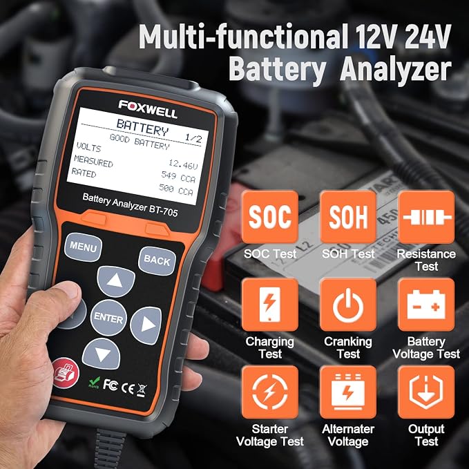 FOXWELL BT705 Car Battery Tester 12V 24V, Automotive 100-2000CCA Battery Load - Image 2