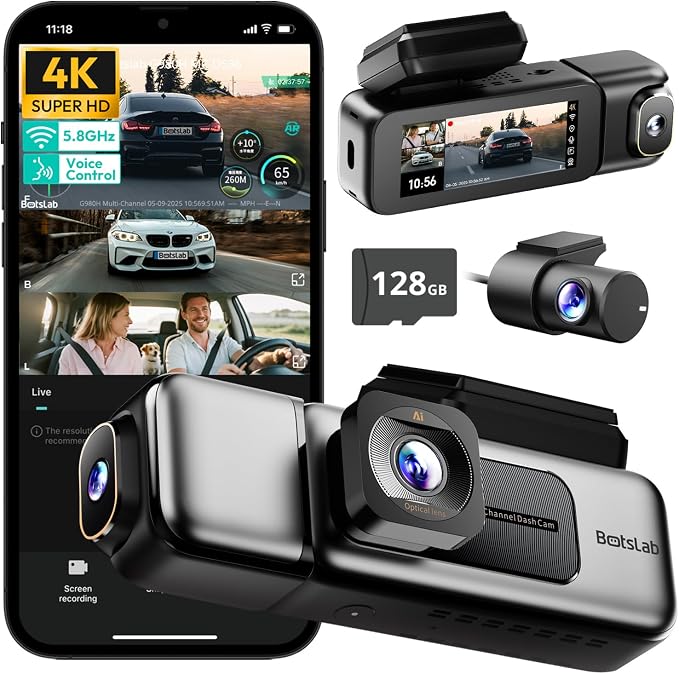 4K 3 Channel Dash Cam Front and Rear/Inside, 360°Dash Camera by BOTSLAB