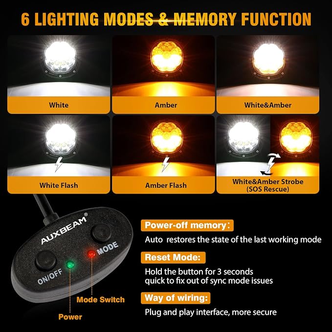 Auxbeam 4 Inch Round Offroad Light, 90W LED Amber White Spot Strobe Light Pods - Image 2