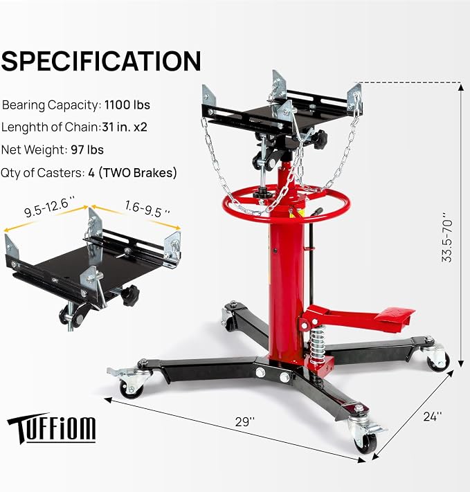 TUFFIOM Transmission Jack, 1100 lbs 1/2Ton Hydraulic 2-Stage High Lift Vertical - Image 6