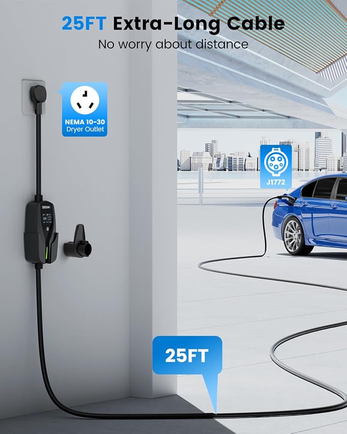 Level 2 EV Charger with NEMA 10-30 Plug, 24Amp 240V, 25FT Extension Cord - Image 3
