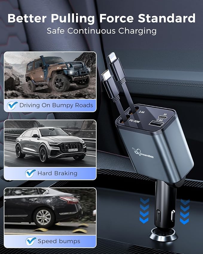 Retractable 70W USB Car Charger Adapter, 4 in 1 Fast Phone Charger, 2 - Image 6