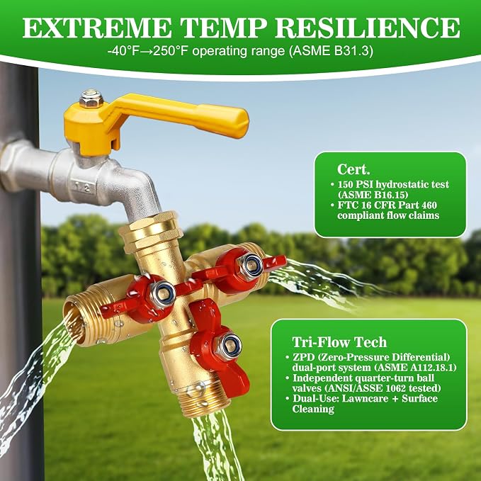 3 Way Hose Splitter, Solid Brass High Volume 3 Way Hose Splitter Valve - Image 6