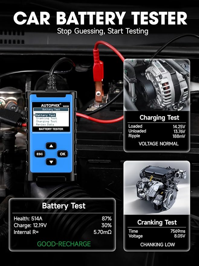 AUTOPHIX BAS100 Car Battery Tester, 12V 24V Load Tester, 100-2000 CCA Digital - Image 3