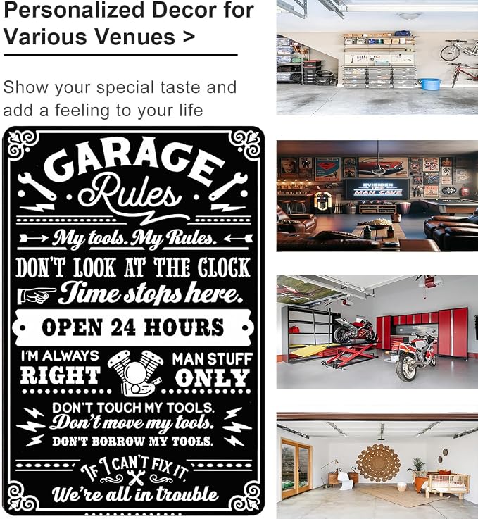 Gifts for Men Dad Husband Funny Garage Rules My Tools My Rules Tin Sign Vintage - Image 3