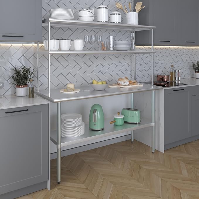 Amgood Stainless Steel Work Table Double Tier Overshelf | Metal Kitchen Prep - Image 6