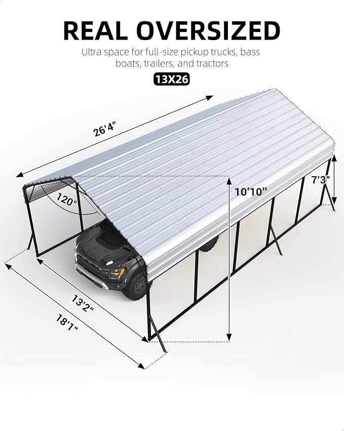 13'x26'x11' Oversized Metal Carport, Steel Heavy Duty Car Ports - Image 6