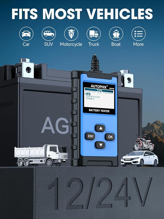 AUTOPHIX BAS100 Car Battery Tester, 12V 24V Load Tester, 100-2000 CCA Digital - Image 8
