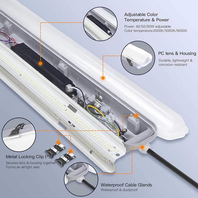 JTT 4FT LED Vapor Tight Light, 60W/50W/40W IP65 Waterproof LED Outdoor Indoor - Image 2