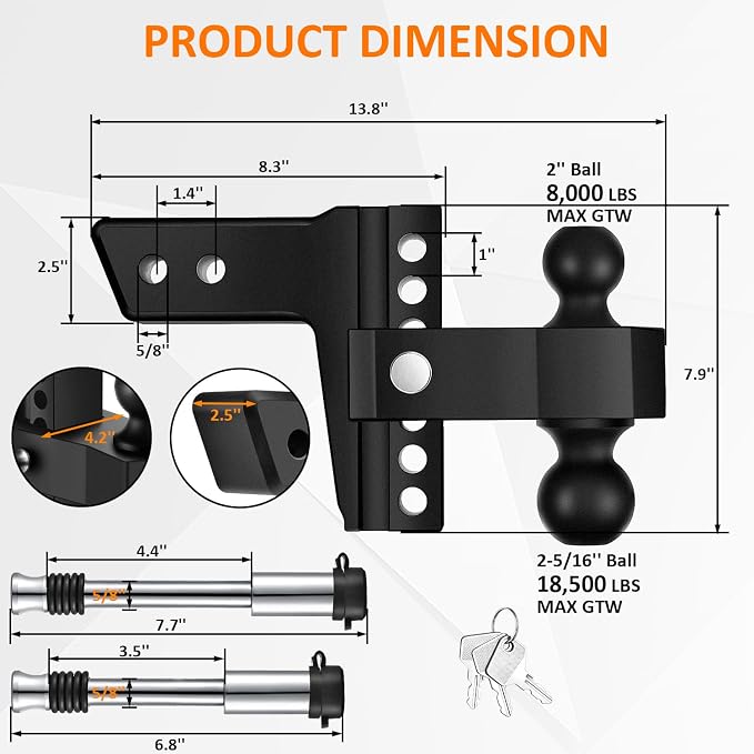Adjustable Trailer Hitch-Drop Hitch Fits 2.5-Inch Receiver -6" Drop/Rise Tow - Image 4