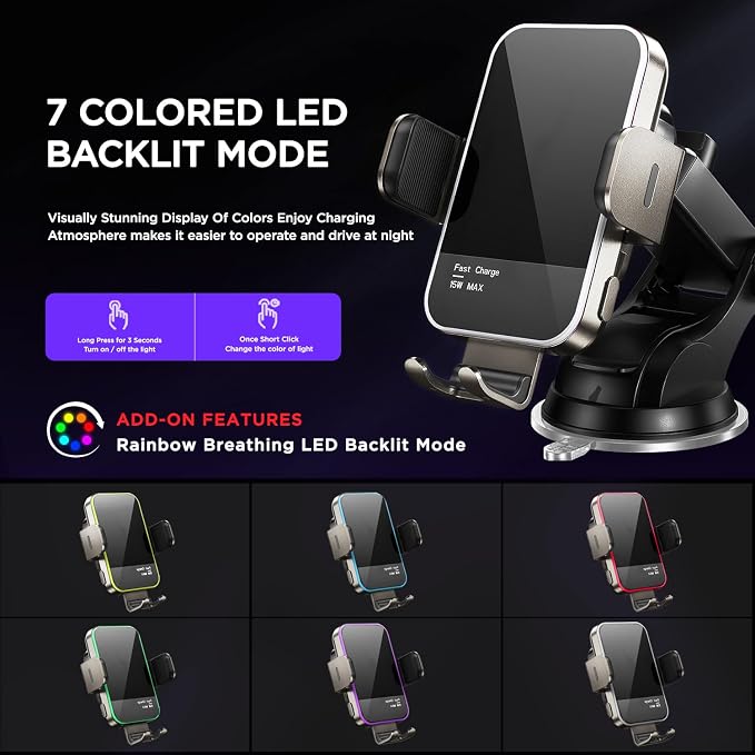 Wireless Car Charger, 【7 Colored RGB Backlit】 15W Auto Clamping Car Charger - Image 2