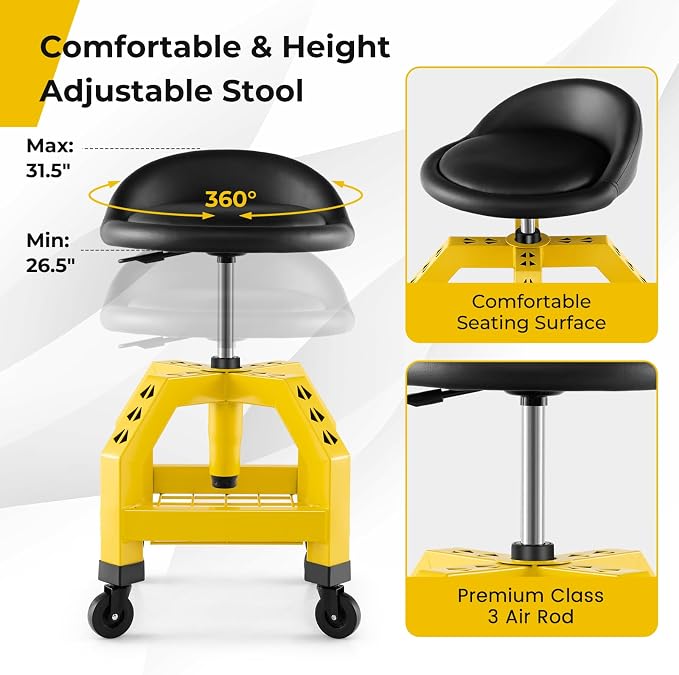 S AFSTAR Shop Stool with Wheels, Height Adjustable Garage Stool with 4 - Image 4
