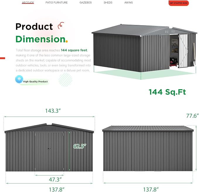AECOJOY 12' x 12' Outdoor Storage Shed, Dark Grey Large Metal Sheds & Outdoor - Image 5