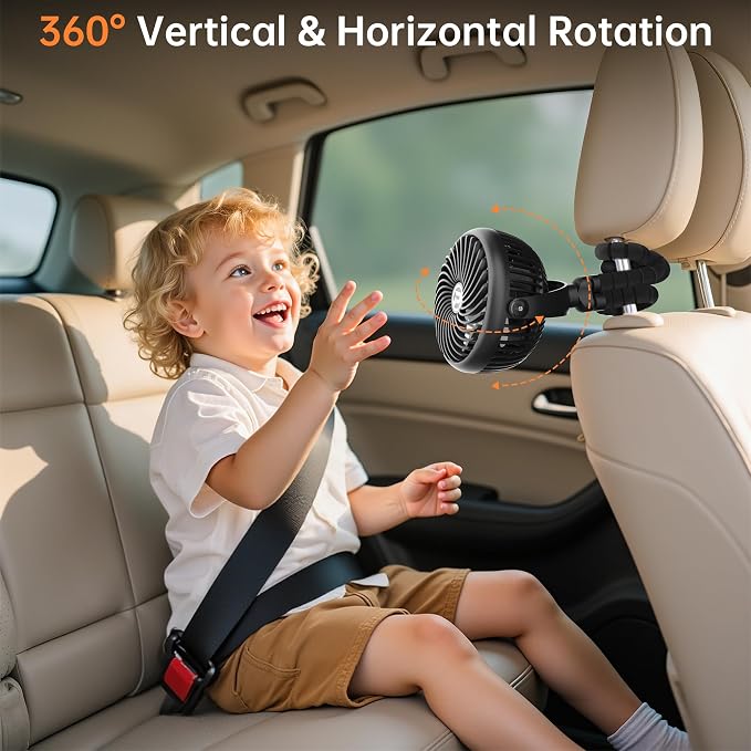 Rechargeable Car Fan for Backseat Kids Baby, 3-Speed Quiet - Image 2