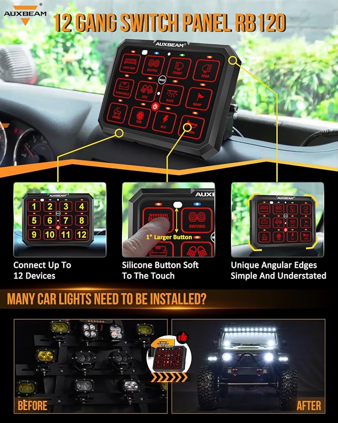 Auxbeam 12 Gang Switch Panel RB120 Toggle Momentary Pulsed RGB Dimmable Switch - Image 2