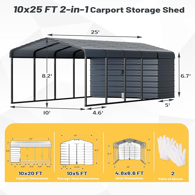 EROMMY 10x25 FT Carport Storage Shed 2-in-1, Heavy Duty Car Port - Image 2