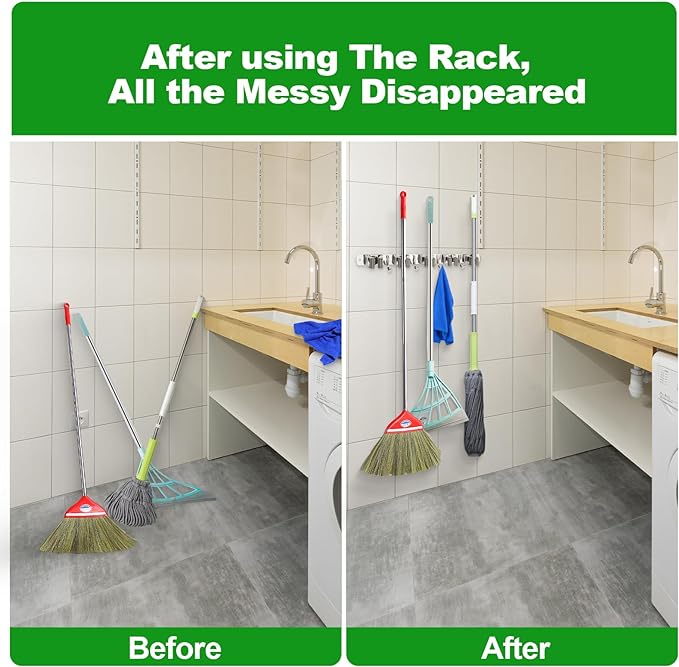 voze 5 Racks and 4 Hooks Mop and Broom Holder Wall Mount, Self Adhesive Heavy - Image 3