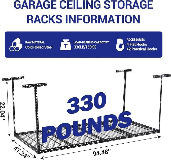 Overhead Garage Storage Rack 4x8 FT, Steel Ceiling Shelves 330lb Capacity - Image 2