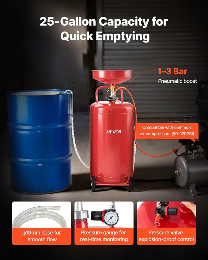 VEVOR 25 Gallon Waste Oil Drain Tank, Air Operated Portable Oil Drainer - Image 2