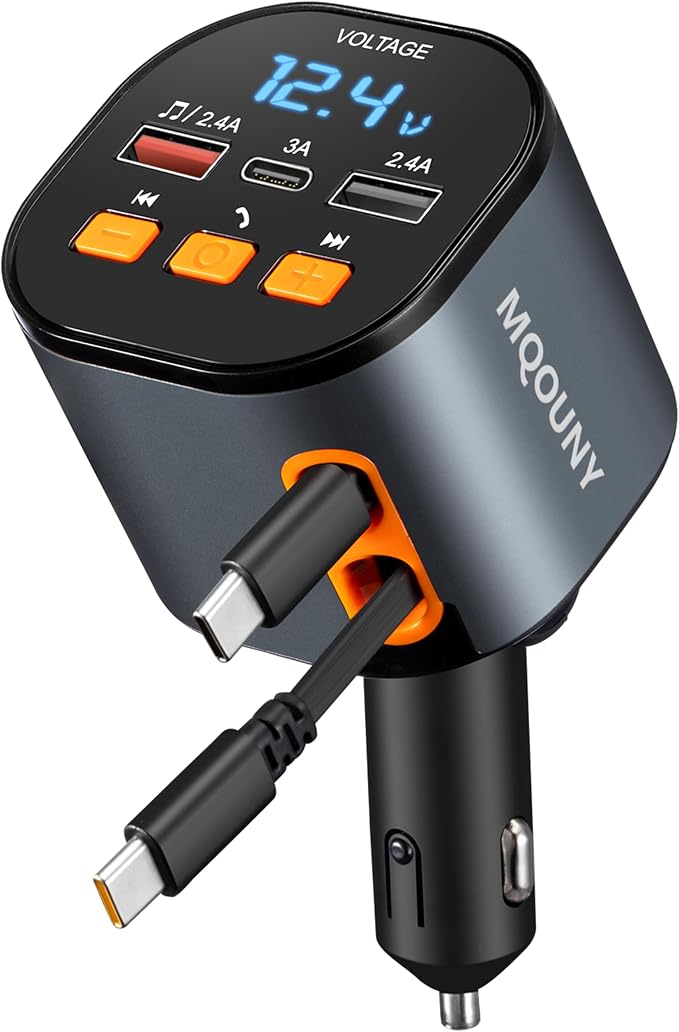 Retractable Car Charger, 5 in 1 Fast Car Phone Charger 90W, Handsfree Call by MQOUNY