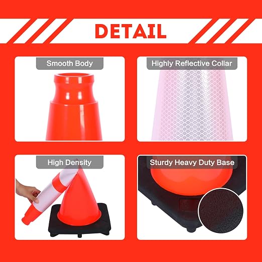 Traffic Cones 28 inch 6 Pack Heavy Duty Safety Cones Orange - Image 2